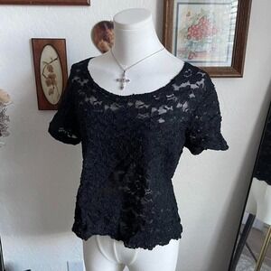 Kay Celine Lace Top Women Size 3 Black Good Sheer Floral Scoop Neck Short Sleeve